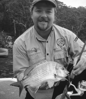 The author with a solid bream from Tuross. Fish like this can be expected in the upper reaches this month.